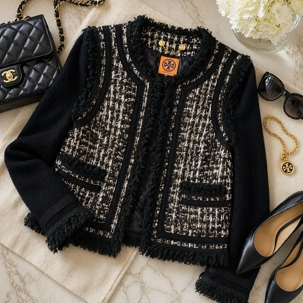 Tory Burch Tweed Fringe Jacket Size 8 Cropped Black Lined Boucle Wool‎ Blend